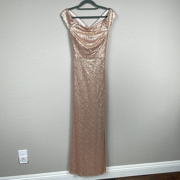 NWT Dessy Collection Off The Shoulder Sequin Trumpet Gown Dress Rose Gold 3011 - Picture 3 of 12